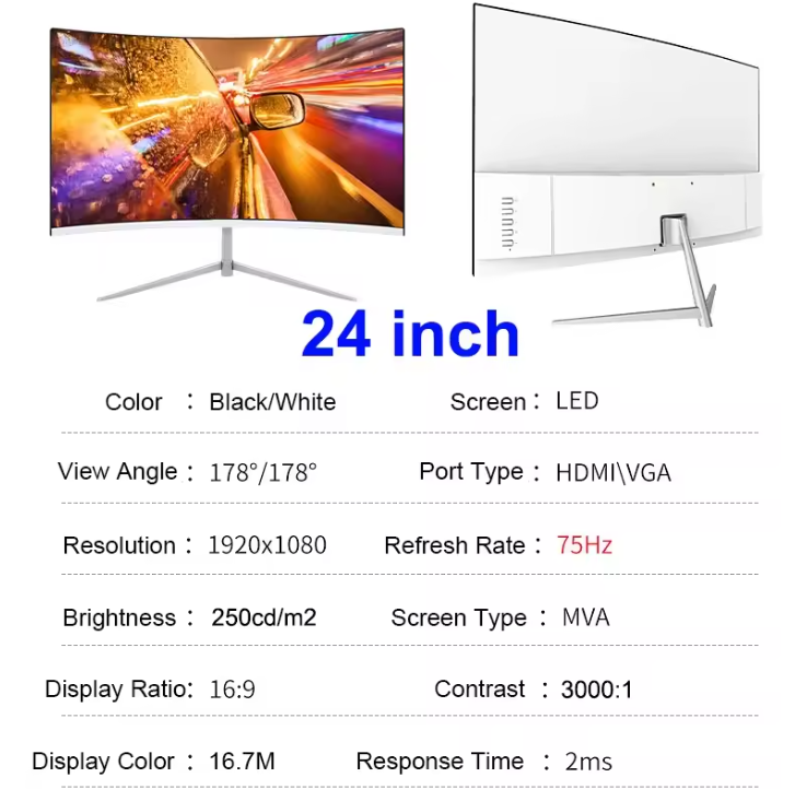 24 inch Curved Gaming Monitor – Full HD 75Hz VA Scherm met HDMI en VESA