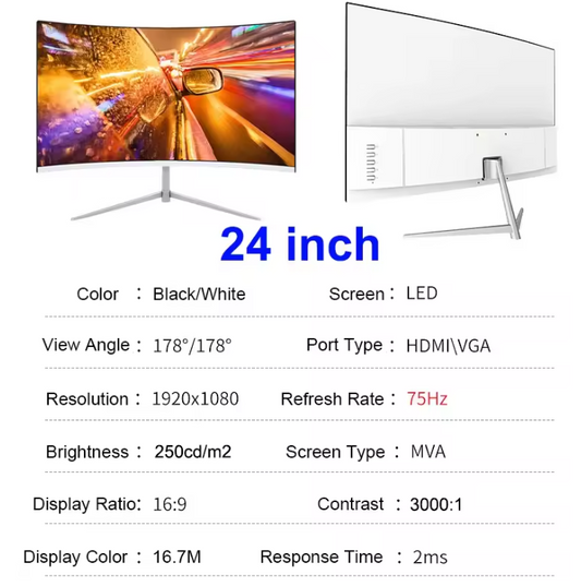 24 inch Curved Gaming Monitor – Full HD 75Hz VA Scherm met HDMI en VESA