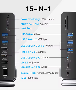 USB-C Docking Station 16-in-1 – Dual 4K HDMI en DisplayPort Hub met USB 3.0 en Stand