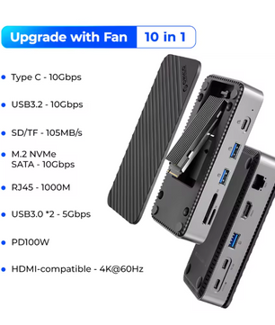 10-in-1 USB-C Docking Station met Koelventilator en M.2 NVMe/SATA SSD Behuizing, 4K HDMI en RJ45