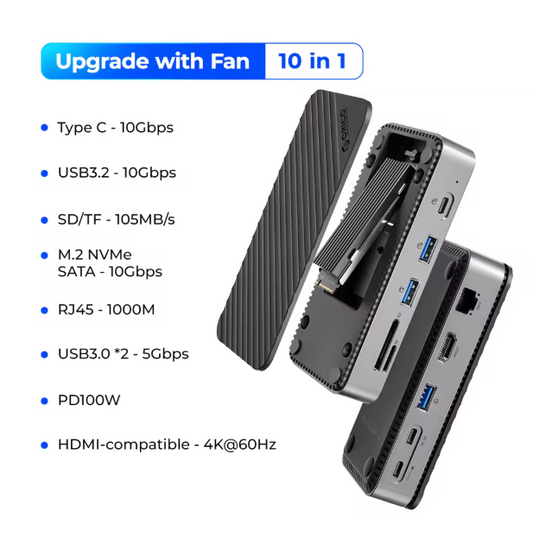 10-in-1 USB-C Docking Station met Koelventilator en M.2 NVMe/SATA SSD Behuizing, 4K HDMI en RJ45