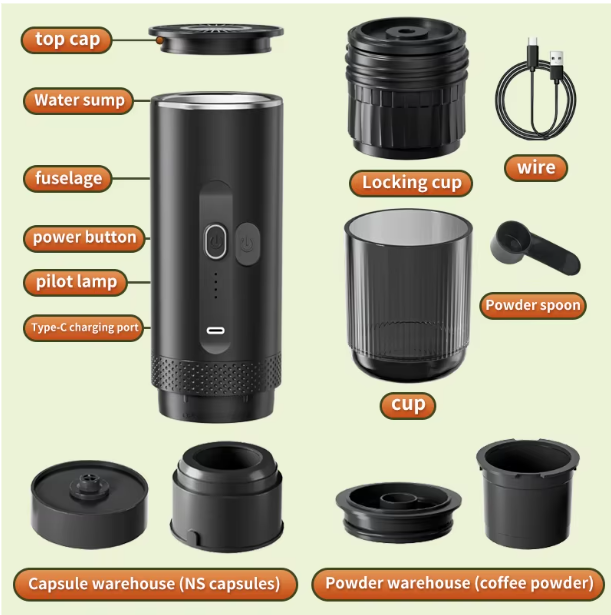 Draadloze 2-in-1 Draagbare Espresso Machine voor Auto, Thuis en Camping – Capsule en Gemalen Koffie