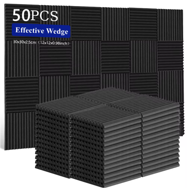 Set van 50 Akoestische Schuimpanelen 30 × 30 × 2,5 cm – Geluidsabsorberende Studio Wedge Tegels