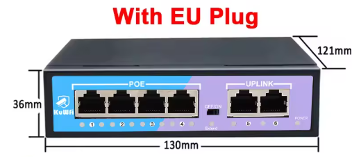 4-Poort PoE Switch 100Mbps met 2 Uplink – 48V Ethernet Netwerkswitch met Extend Mode 250m