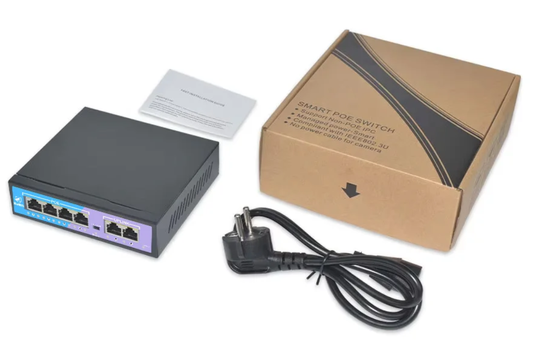 4-Poort PoE Switch 100Mbps met 2 Uplink – 48V Ethernet Netwerkswitch met Extend Mode 250m