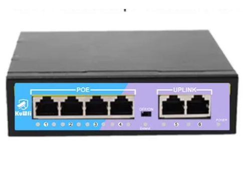 4-Poort PoE Switch 100Mbps met 2 Uplink – 48V Ethernet Netwerkswitch met Extend Mode 250m