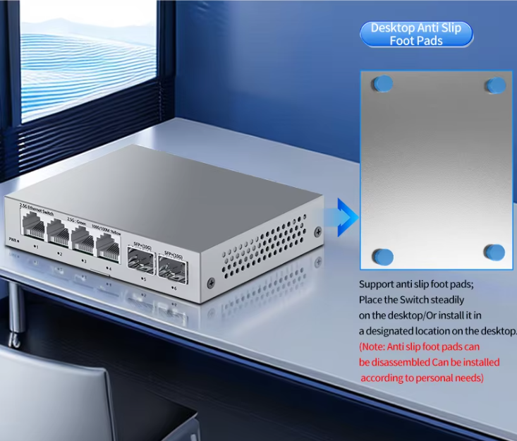 2.5G Netwerkswitch met 4× 2.5G RJ45 en 2× 10G SFP+ – Fanless Unmanaged Plug en Play