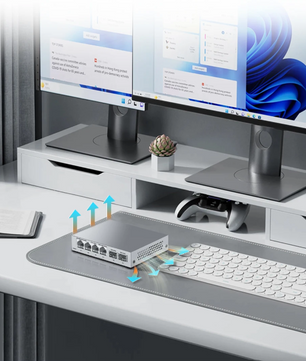 2.5G Netwerkswitch met 4× 2.5G RJ45 en 2× 10G SFP+ – Fanless Unmanaged Plug en Play