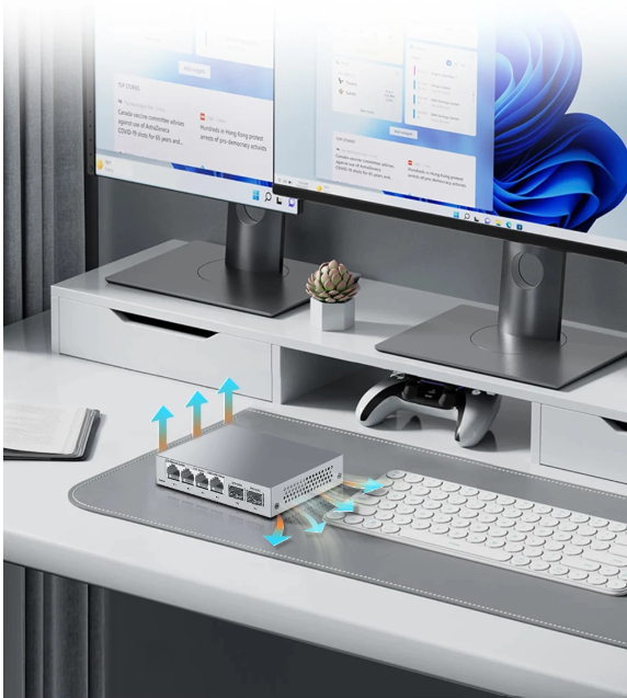 2.5G Netwerkswitch met 4× 2.5G RJ45 en 2× 10G SFP+ – Fanless Unmanaged Plug en Play