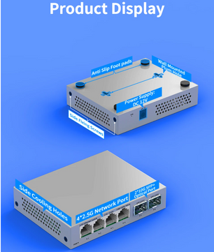 2.5G Netwerkswitch met 4× 2.5G RJ45 en 2× 10G SFP+ – Fanless Unmanaged Plug en Play