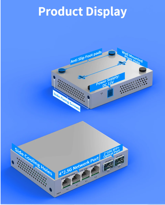 2.5G Netwerkswitch met 4× 2.5G RJ45 en 2× 10G SFP+ – Fanless Unmanaged Plug en Play