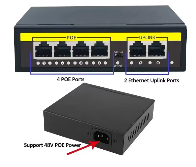 48V PoE Switch 100Mbps met 48V PoE Switch 100Mbps met 4 Poorten – 4× RJ45 + 2× Uplink voor IP Camera en CCTV Poorten – 4× RJ45 + 2× Uplink voor IP Camera en CCTV