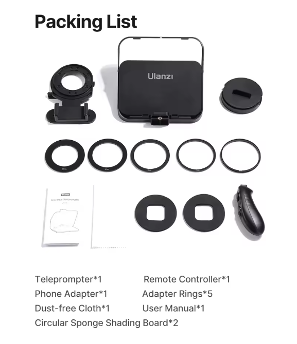 Universele Teleprompter voor DSLR, Smartphone en Tablet – Inclusief Adapterringen