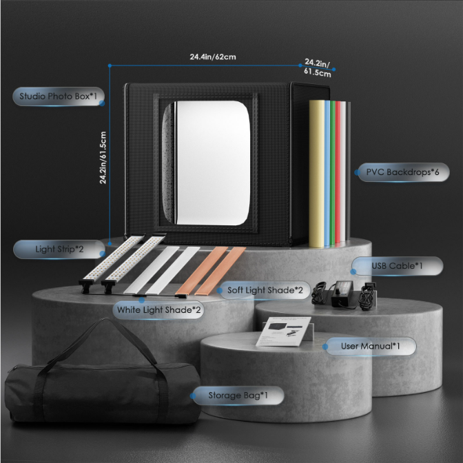 Opvouwbare Fotostudio Lichtbox 60 × 60 cm – LED Product Fotografie Tent met Dimbare Verlichting en 6 Achtergronden