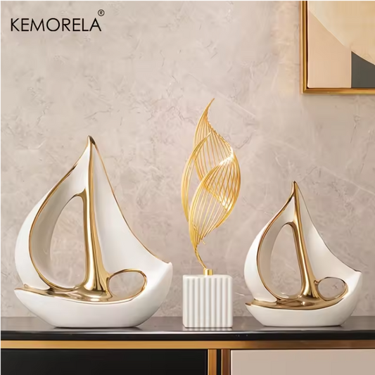 Keramisch Zeilboot Decoratiebeeld – Luxe Moderne Woondecoratie Sculptuur voor Woonkamer en Bureau