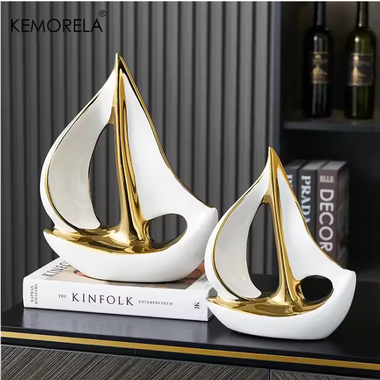 Keramisch Zeilboot Decoratiebeeld – Luxe Moderne Woondecoratie Sculptuur voor Woonkamer en Bureau