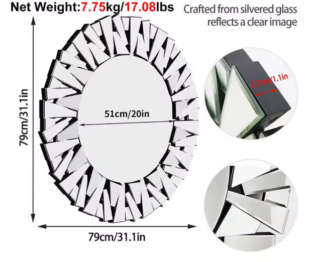 Ronde Wandspiegel 80 cm – Decoratieve Spiegel met Facetrand voor Woonkamer, Hal of Badkamer