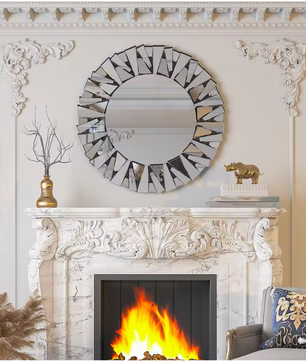 Ronde Sunburst Wandspiegel – Decoratieve Zilveren Spiegel met Facetglas