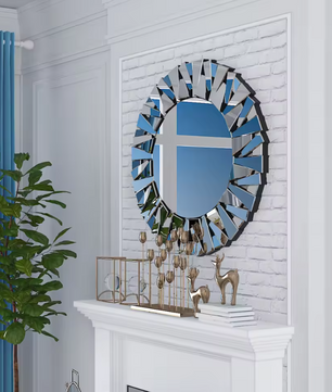 Ronde Sunburst Wandspiegel – Decoratieve Zilveren Spiegel met Facetglas