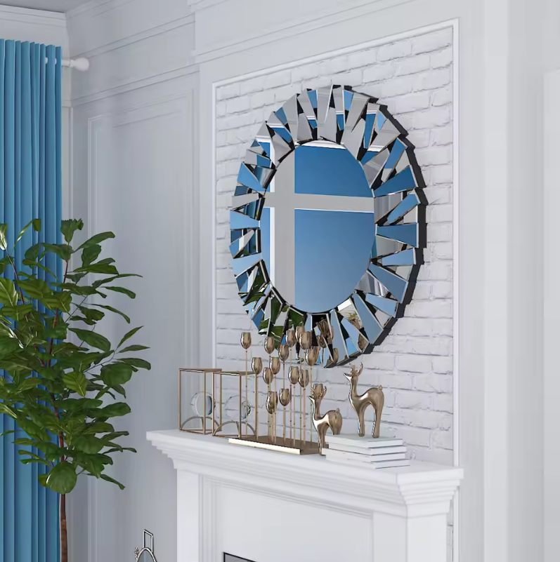 Ronde Sunburst Wandspiegel – Decoratieve Zilveren Spiegel met Facetglas