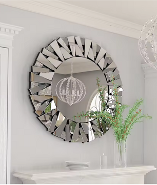 Ronde Sunburst Wandspiegel – Decoratieve Zilveren Spiegel met Facetglas
