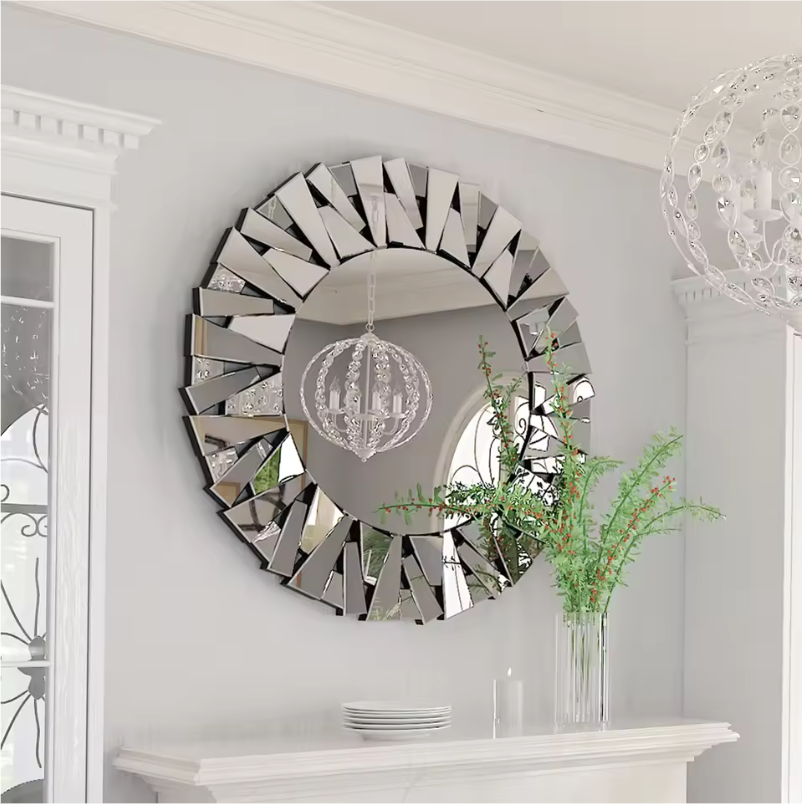 Ronde Sunburst Wandspiegel – Decoratieve Zilveren Spiegel met Facetglas