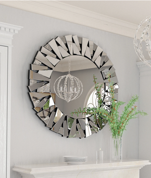 Ronde Sunburst Wandspiegel – Decoratieve Zilveren Spiegel met Facetglas