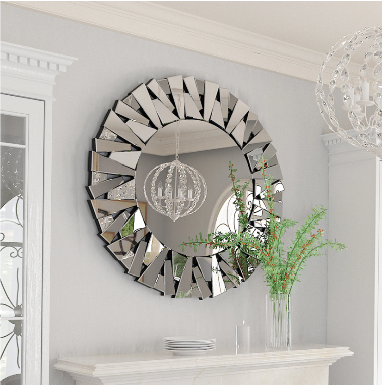 Ronde Sunburst Wandspiegel – Decoratieve Zilveren Spiegel met Facetglas