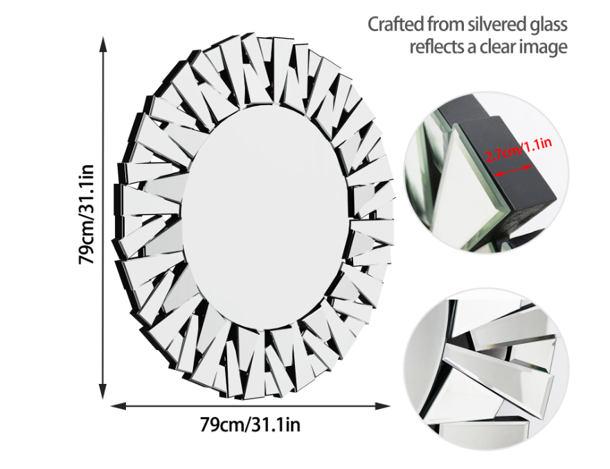 Ronde Sunburst Wandspiegel – Decoratieve Zilveren Spiegel met Facetglas