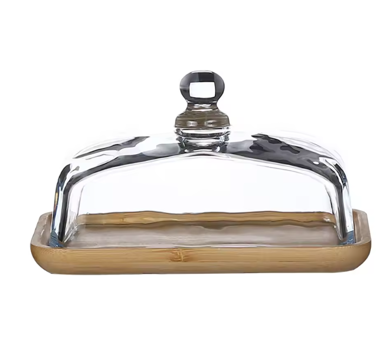Botervloot met Glazen Deksel – Houten Boterschaal voor Keuken en Tafel