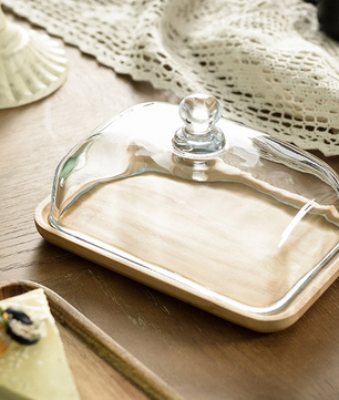 Botervloot met Glazen Deksel – Houten Boterschaal voor Keuken en Tafel