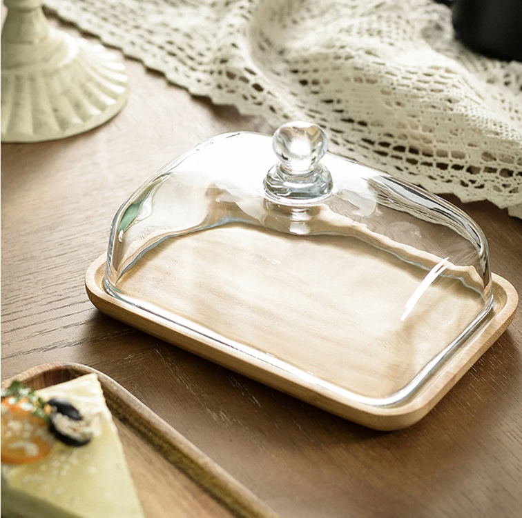 Botervloot met Glazen Deksel – Houten Boterschaal voor Keuken en Tafel