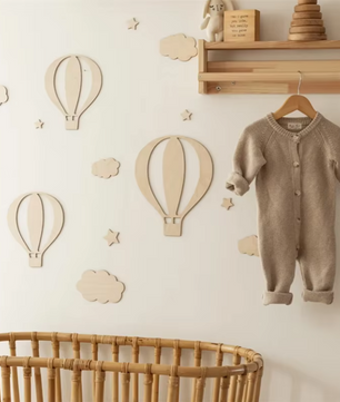 13-Delige Houten Wanddecoratie Set – Luchtballon, Wolken en Sterren Muurdecoratie