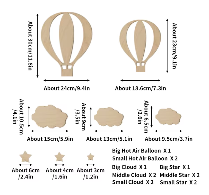 13-Delige Houten Wanddecoratie Set – Luchtballon, Wolken en Sterren Muurdecoratie
