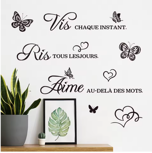 Franse Quote Muursticker – “Vis Ris Aime” Vinyl Wanddecoratie