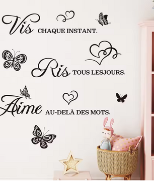 Franse Quote Muursticker – “Vis Ris Aime” Vinyl Wanddecoratie