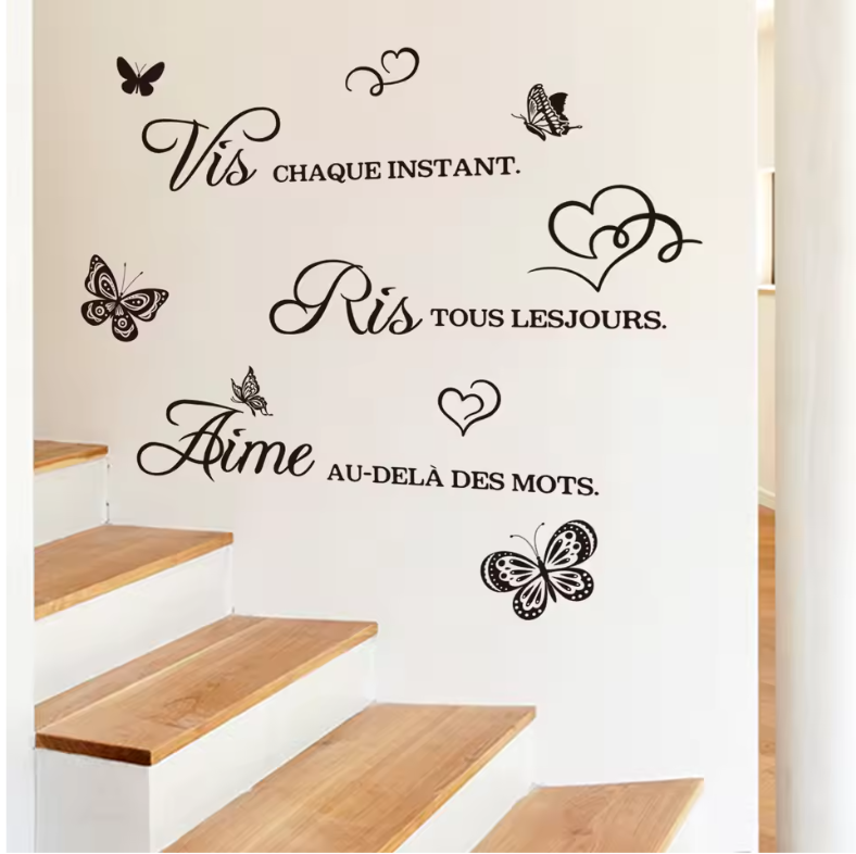 Franse Quote Muursticker – “Vis Ris Aime” Vinyl Wanddecoratie