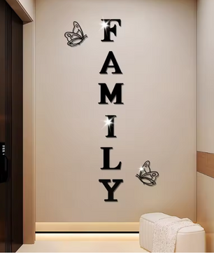 Acryl Spiegel Muursticker “Family” – 3D Letter Wanddecoratie met Vlinders