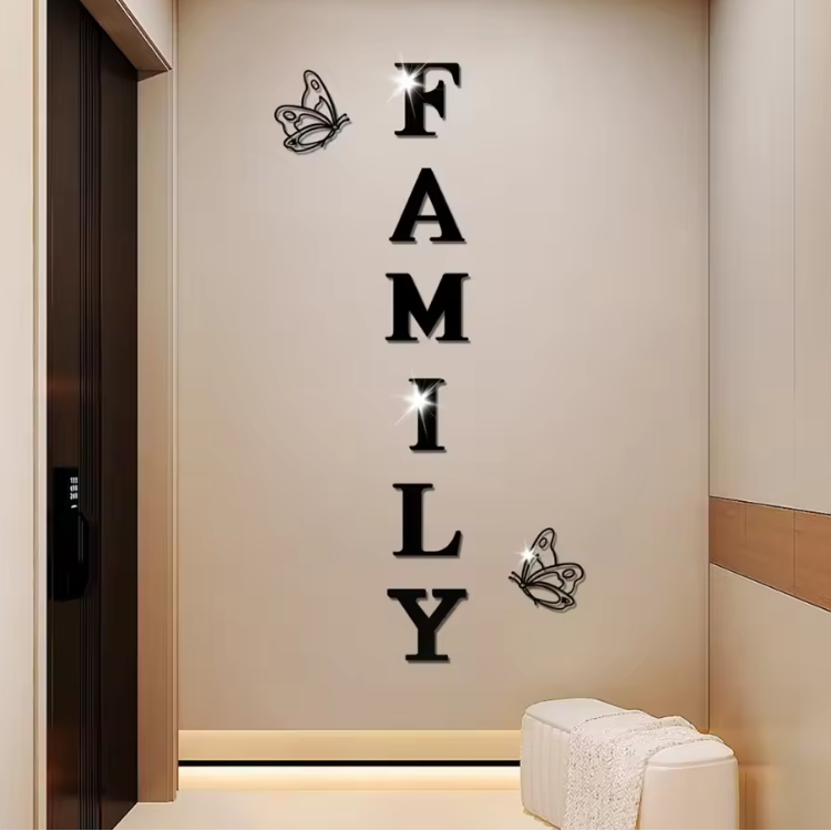 Acryl Spiegel Muursticker “Family” – 3D Letter Wanddecoratie met Vlinders