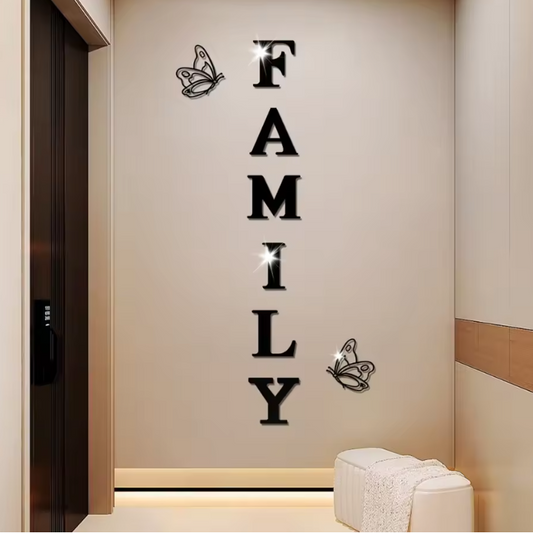 Acryl Spiegel Muursticker “Family” – 3D Letter Wanddecoratie met Vlinders