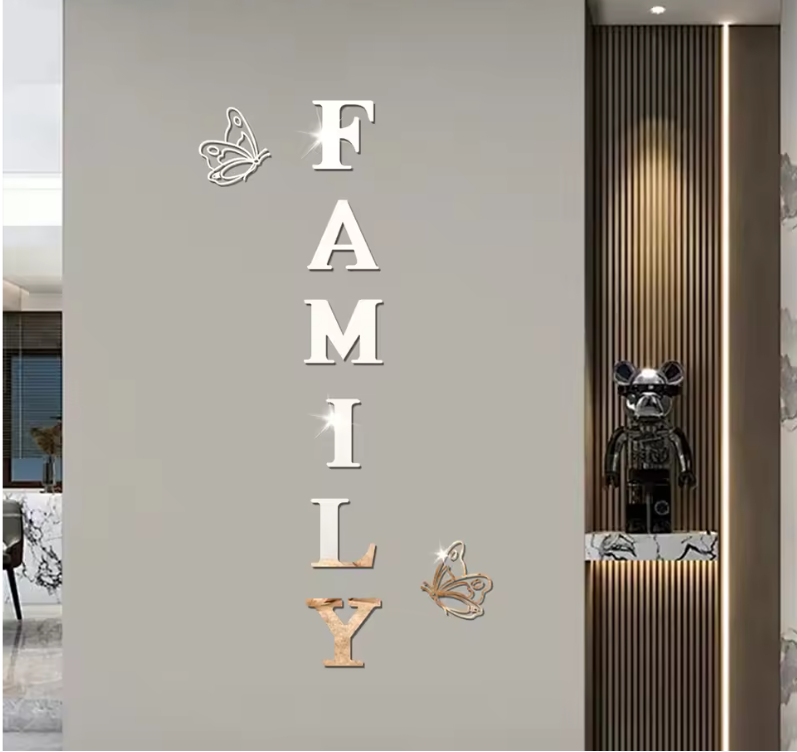 Acryl Spiegel Muursticker “Family” – 3D Letter Wanddecoratie met Vlinders