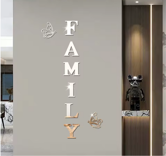 Acryl Spiegel Muursticker “Family” – 3D Letter Wanddecoratie met Vlinders