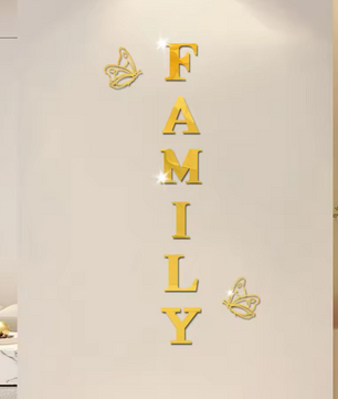 Acryl Spiegel Muursticker “Family” – 3D Letter Wanddecoratie met Vlinders