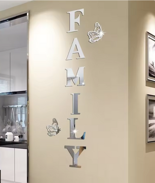 Acryl Spiegel Muursticker “Family” – 3D Letter Wanddecoratie met Vlinders