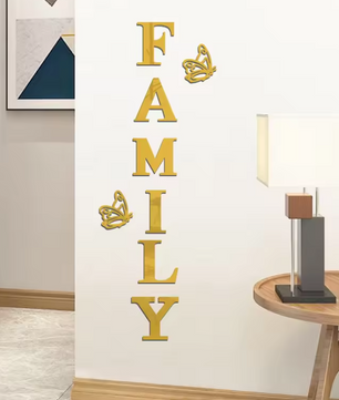 Acryl Spiegel Muursticker “Family” – 3D Letter Wanddecoratie met Vlinders