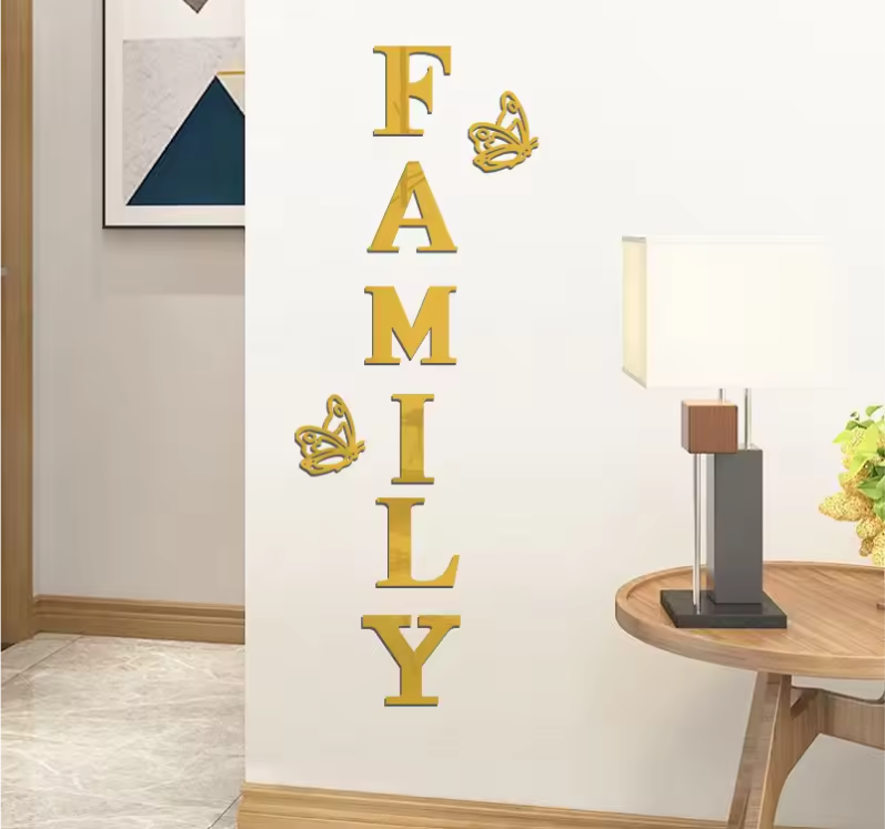 Acryl Spiegel Muursticker “Family” – 3D Letter Wanddecoratie met Vlinders