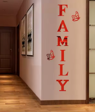 Acryl Spiegel Muursticker “Family” – 3D Letter Wanddecoratie met Vlinders