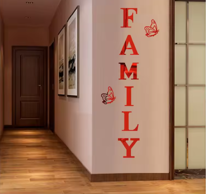 Acryl Spiegel Muursticker “Family” – 3D Letter Wanddecoratie met Vlinders
