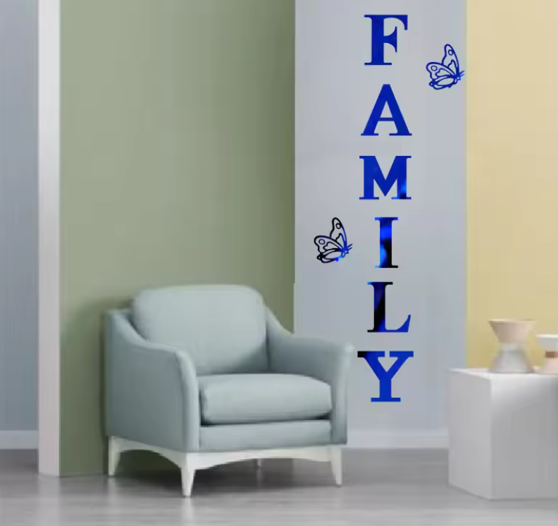 Acryl Spiegel Muursticker “Family” – 3D Letter Wanddecoratie met Vlinders