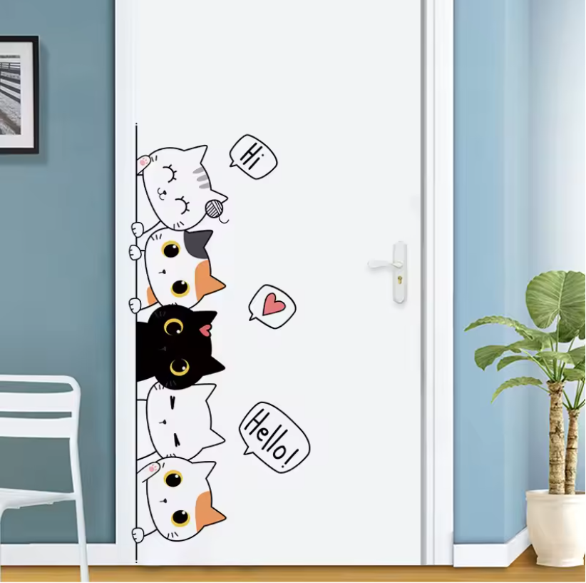 Schattige Kat Muursticker – Cartoon Kat Decoratie voor Deur en Kast